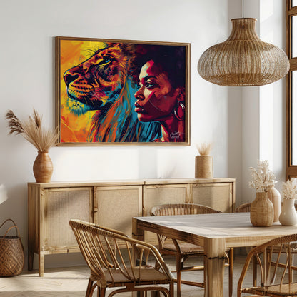 A powerful and evocative artwork that juxtaposes the strength and beauty of a lion and a woman. The… for dining room