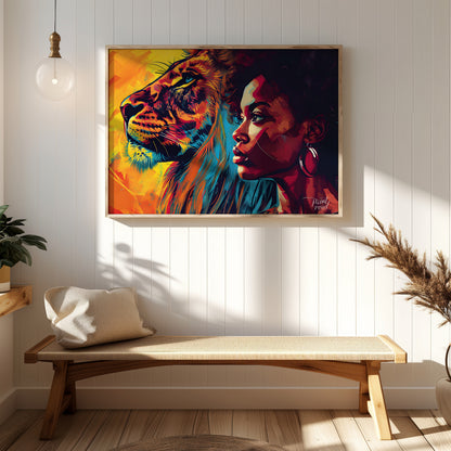 A powerful and evocative artwork that juxtaposes the strength and beauty of a lion and a woman. The… for entryway