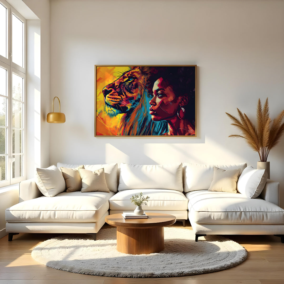 A powerful and evocative artwork that juxtaposes the strength and beauty of a lion and a woman. The… for living room
