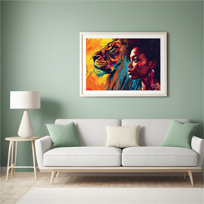 A powerful and evocative artwork that juxtaposes the strength and beauty of a lion and a woman. The… for living room
