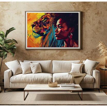 A powerful and evocative artwork that juxtaposes the strength and beauty of a lion and a woman. The… for living room