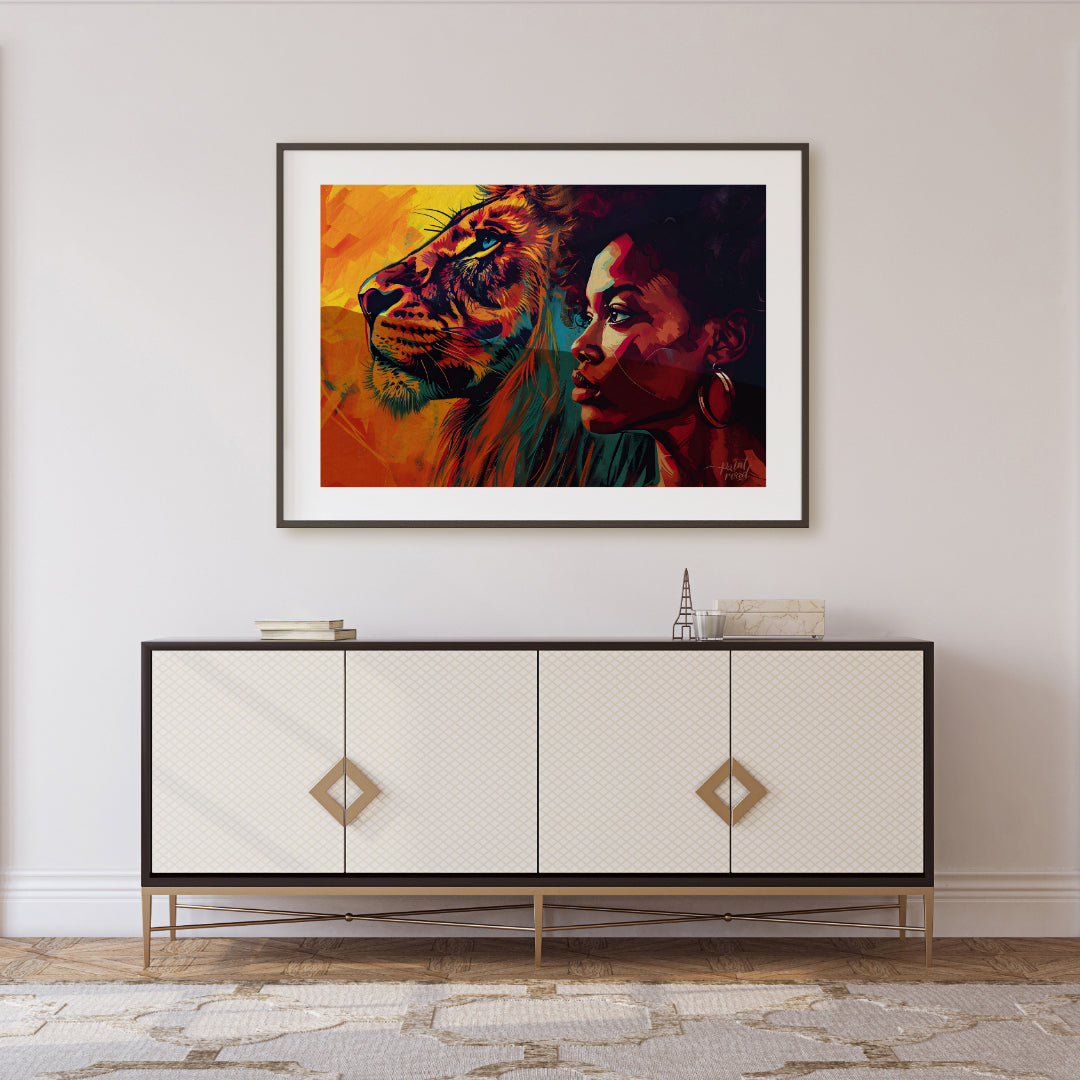 A powerful and evocative artwork that juxtaposes the strength and beauty of a lion and a woman. The… for living room