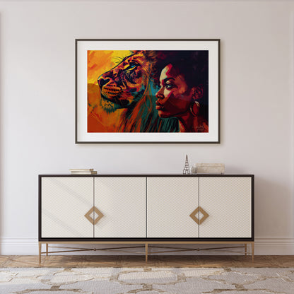 A powerful and evocative artwork that juxtaposes the strength and beauty of a lion and a woman. The… for living room