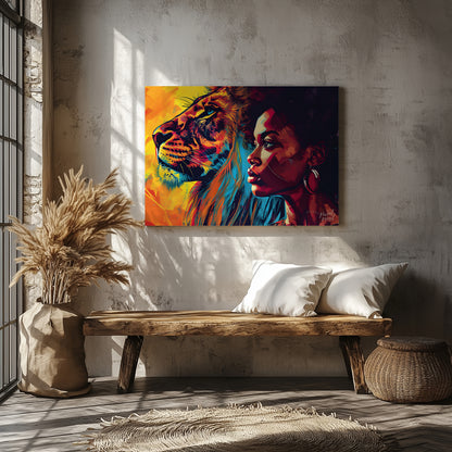 A powerful and evocative artwork that juxtaposes the strength and beauty of a lion and a woman. The… for living room