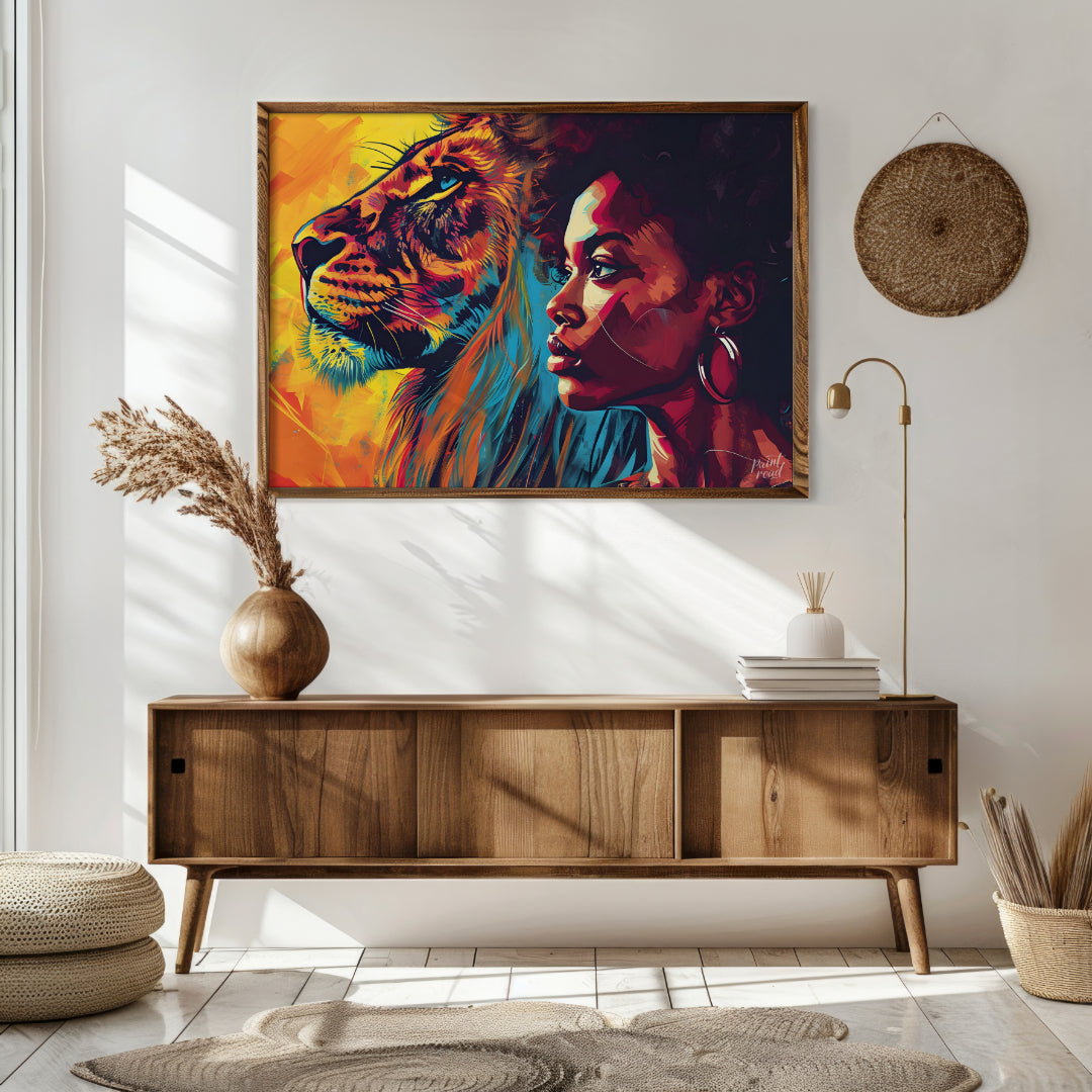 A powerful and evocative artwork that juxtaposes the strength and beauty of a lion and a woman. The… for living room