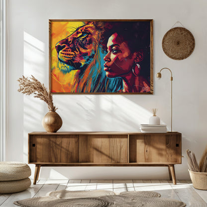 A powerful and evocative artwork that juxtaposes the strength and beauty of a lion and a woman. The… for living room