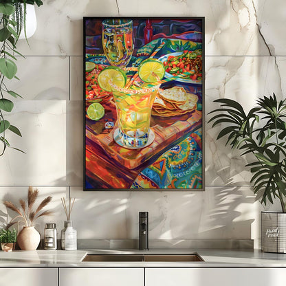 This vibrant and richly detailed poster captures a lively Mexican-inspired dining scene, brimming w… for kitchen