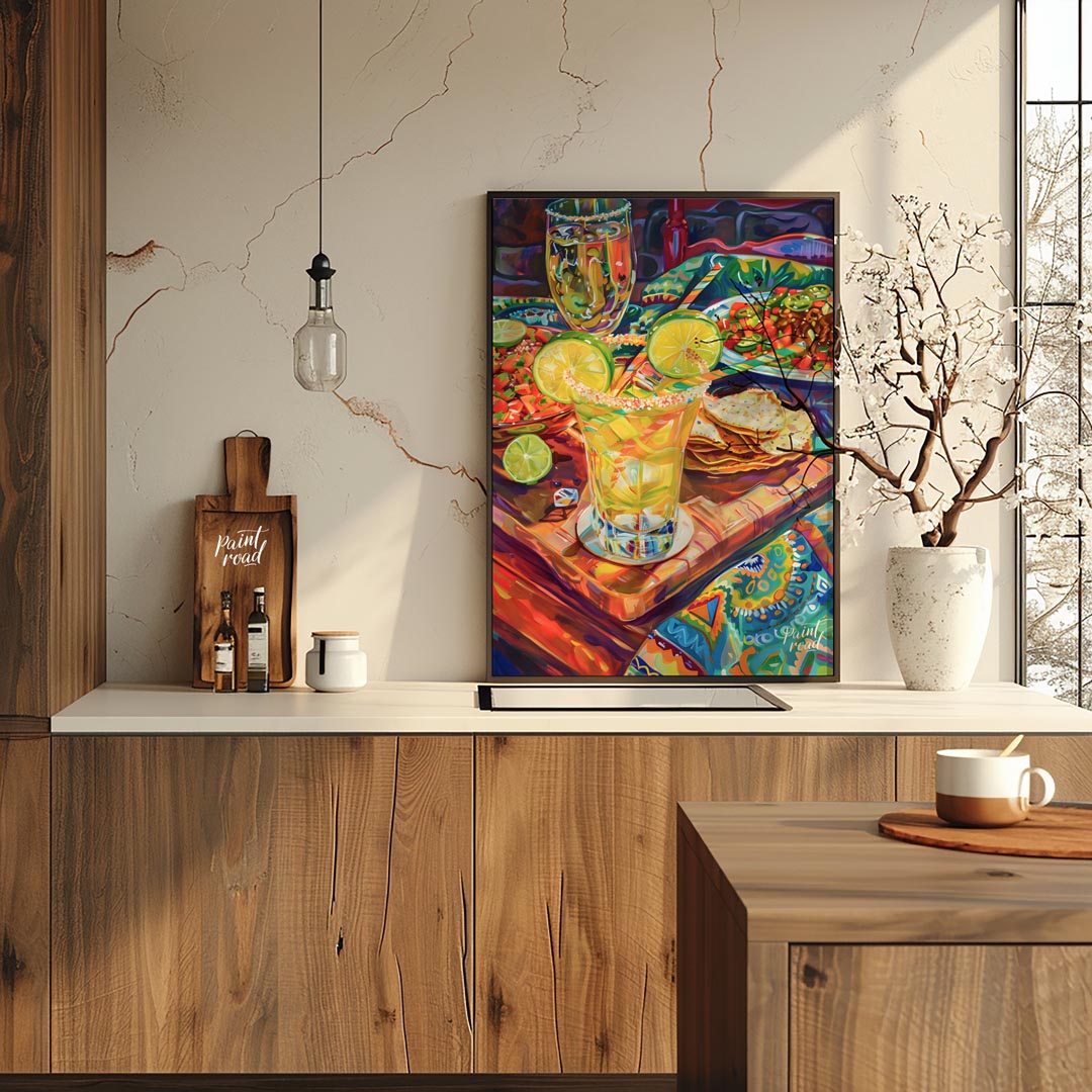 This vibrant and richly detailed poster captures a lively Mexican-inspired dining scene, brimming w… for kitchen