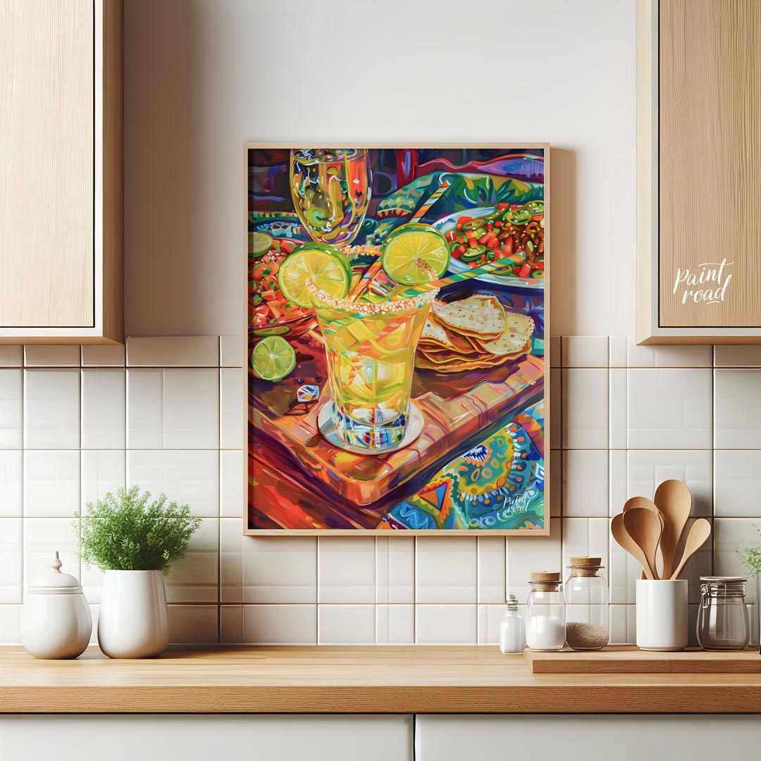 This vibrant and richly detailed poster captures a lively Mexican-inspired dining scene, brimming w… for kitchen