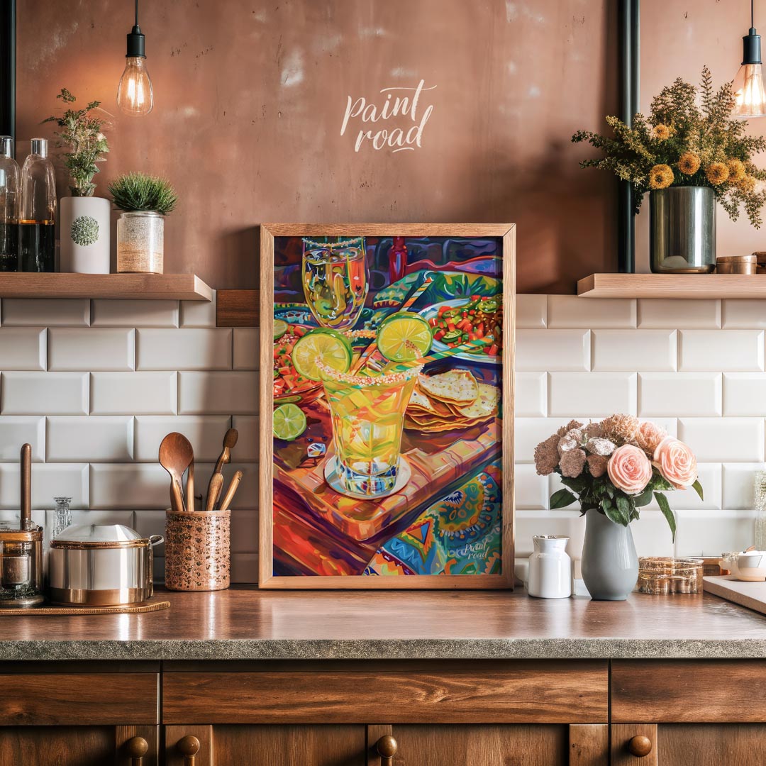 This vibrant and richly detailed poster captures a lively Mexican-inspired dining scene, brimming w… for kitchen