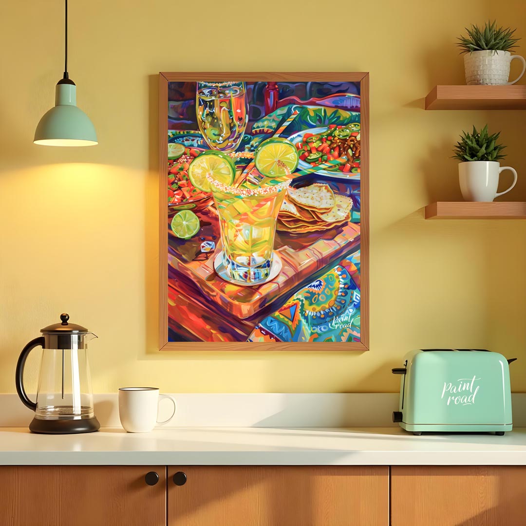 This vibrant and richly detailed poster captures a lively Mexican-inspired dining scene, brimming w… for kitchen