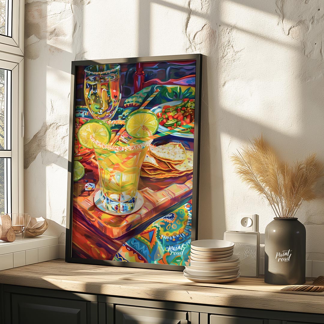This vibrant and richly detailed poster captures a lively Mexican-inspired dining scene, brimming w… for kitchen