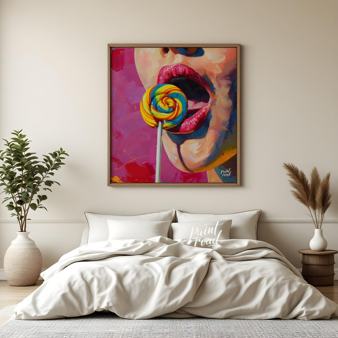This vibrant oil painting captures the allure of a woman indulging in a sweet treat. A close-up of … for bedroom