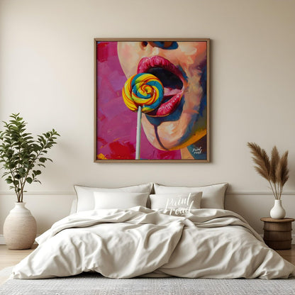 This vibrant oil painting captures the allure of a woman indulging in a sweet treat. A close-up of … for bedroom