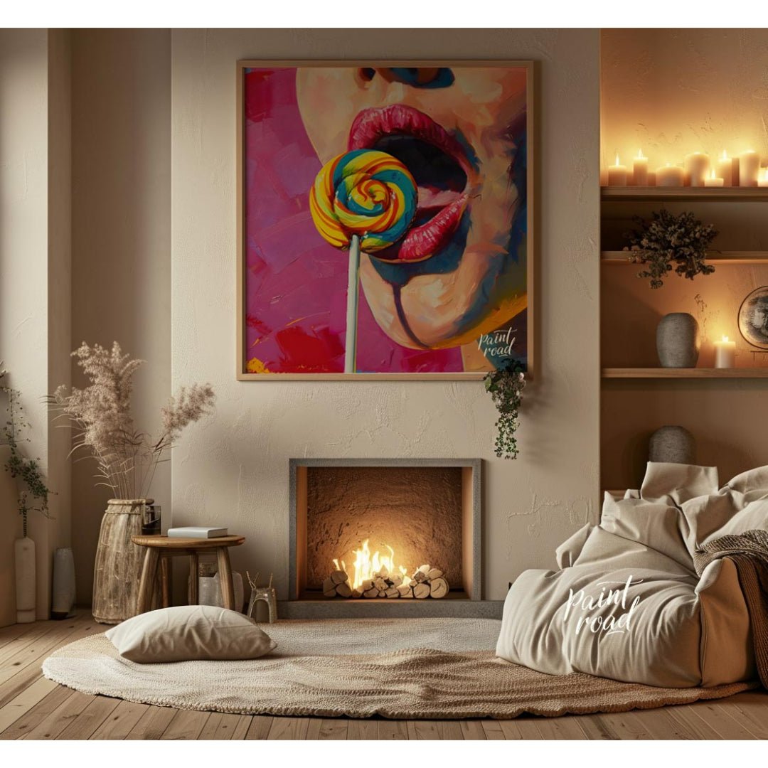 This vibrant oil painting captures the allure of a woman indulging in a sweet treat. A close-up of … for living room