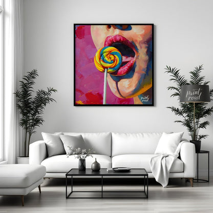 This vibrant oil painting captures the allure of a woman indulging in a sweet treat. A close-up of … for living room
