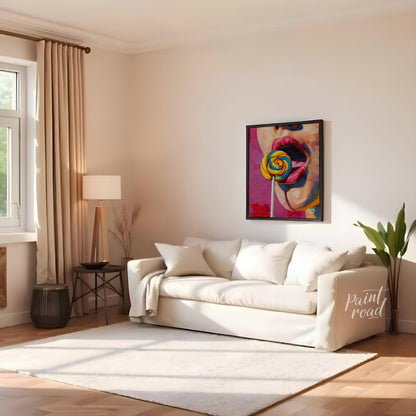 This vibrant oil painting captures the allure of a woman indulging in a sweet treat. A close-up of … for living room