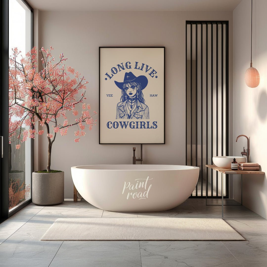 This bold and striking graphic features a stylized portrait of a cowgirl, rendered in a strong blue… for bathroom