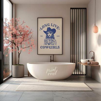 This bold and striking graphic features a stylized portrait of a cowgirl, rendered in a strong blue… for bathroom