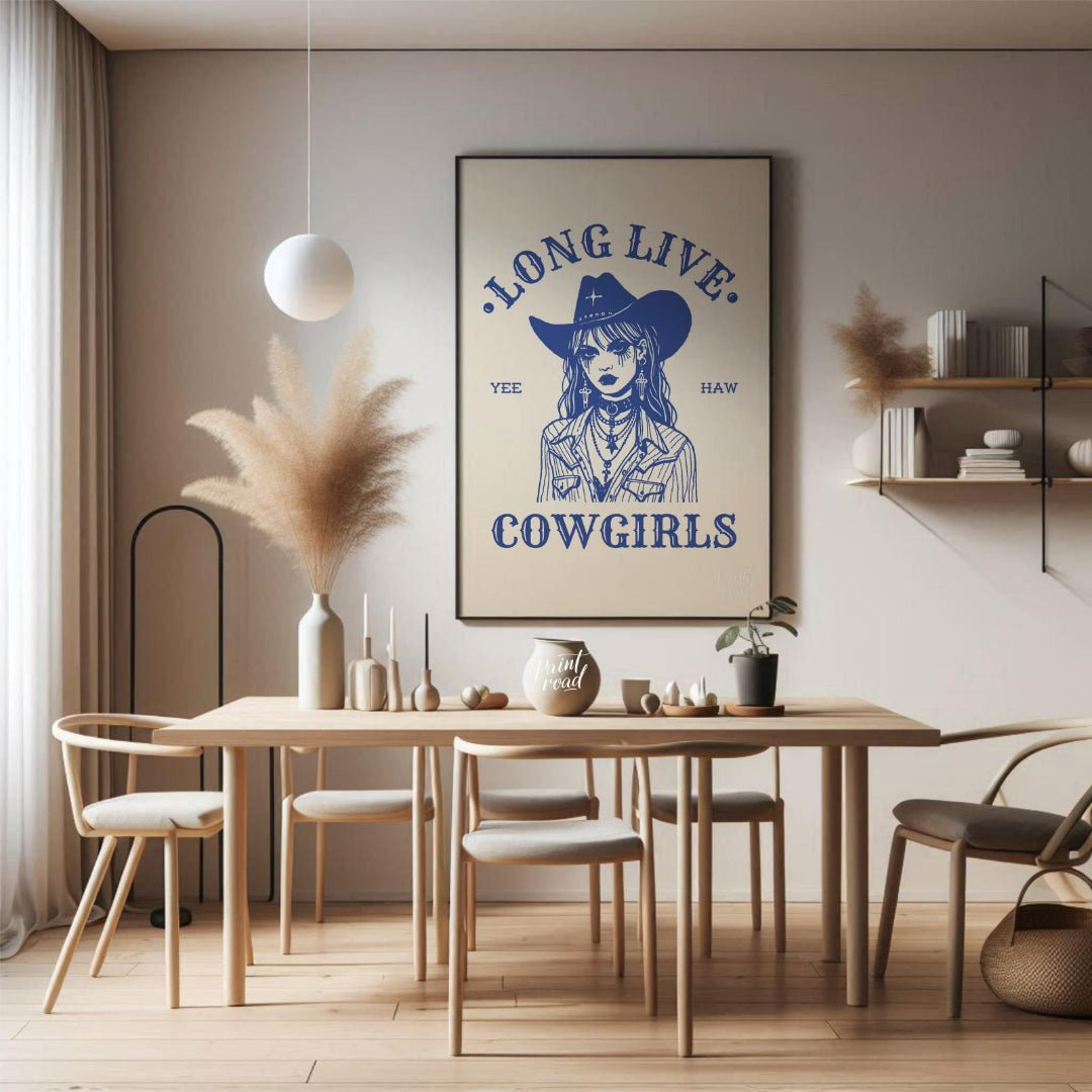 This bold and striking graphic features a stylized portrait of a cowgirl, rendered in a strong blue… for dining room