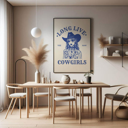 This bold and striking graphic features a stylized portrait of a cowgirl, rendered in a strong blue… for dining room
