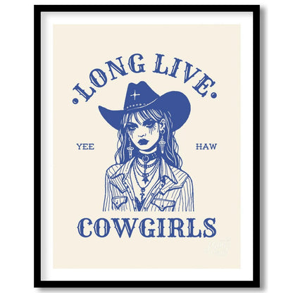This bold and striking graphic features a stylized portrait of a cowgirl, rendered in a strong blue… for home