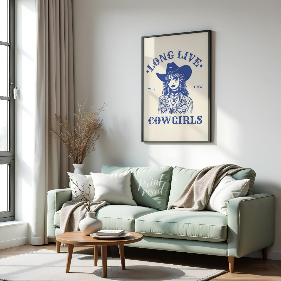 This bold and striking graphic features a stylized portrait of a cowgirl, rendered in a strong blue… for living room