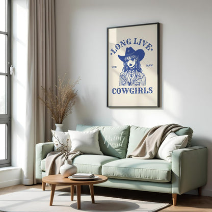 This bold and striking graphic features a stylized portrait of a cowgirl, rendered in a strong blue… for living room