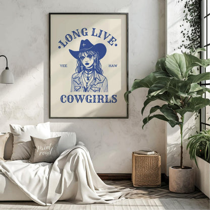 This bold and striking graphic features a stylized portrait of a cowgirl, rendered in a strong blue… for living room