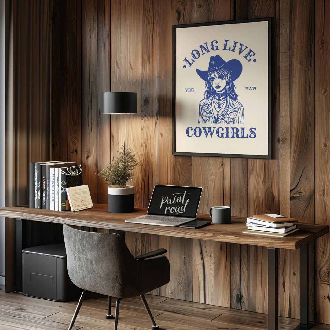 This bold and striking graphic features a stylized portrait of a cowgirl, rendered in a strong blue… for office