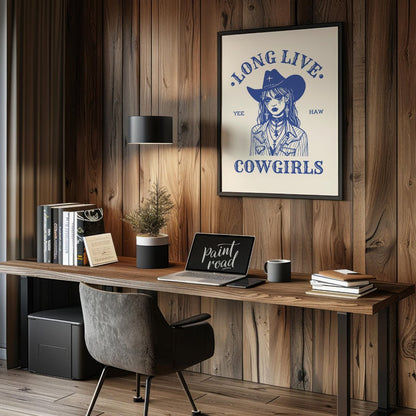 This bold and striking graphic features a stylized portrait of a cowgirl, rendered in a strong blue… for office