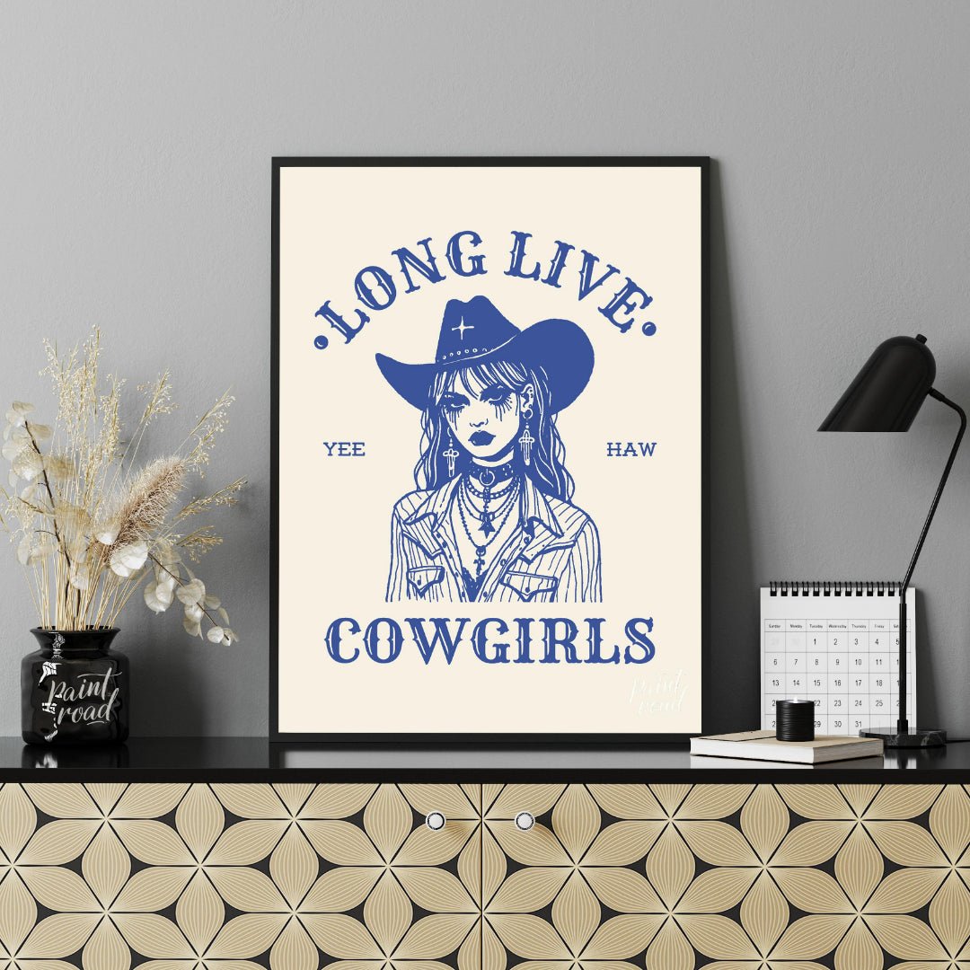 This bold and striking graphic features a stylized portrait of a cowgirl, rendered in a strong blue… for office