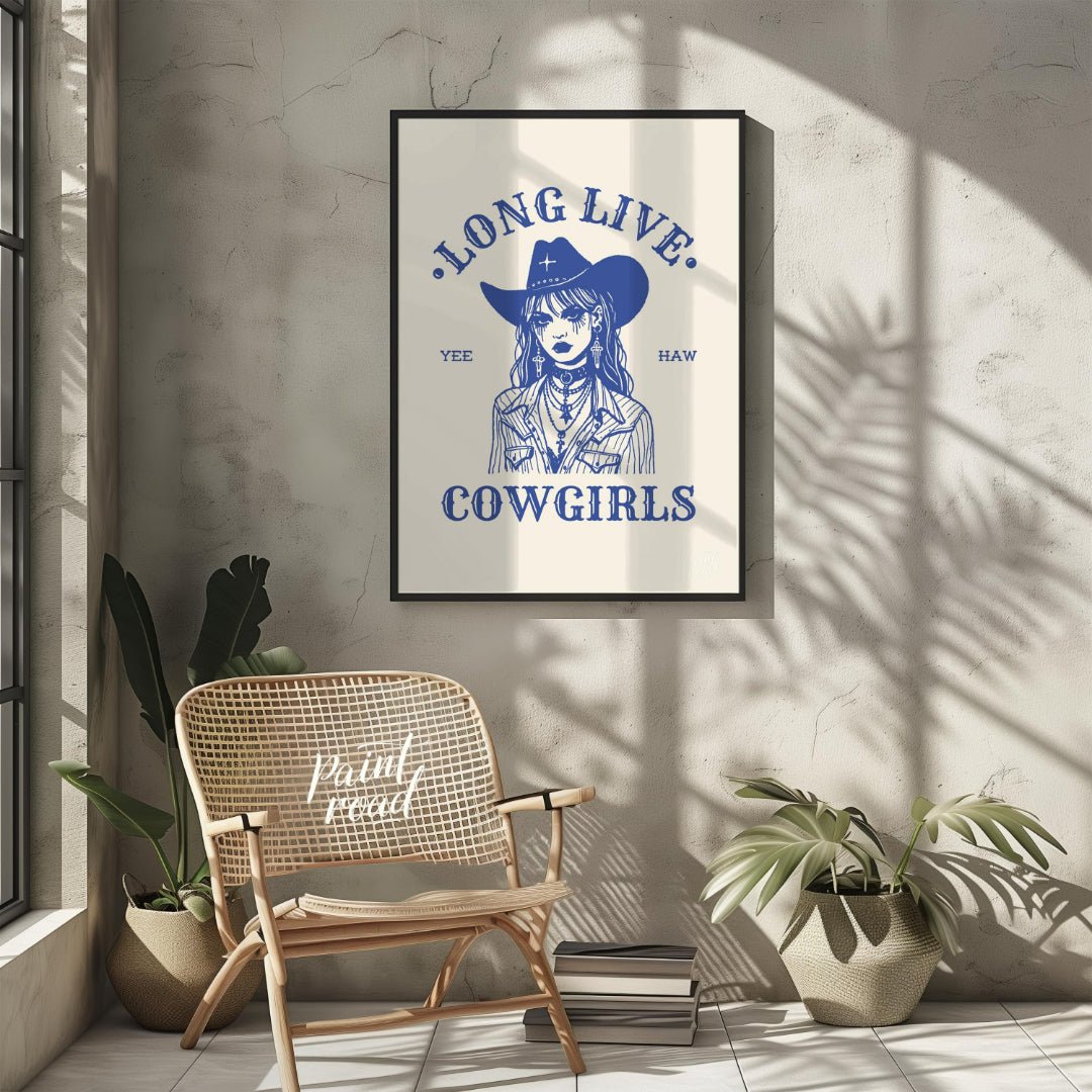 This bold and striking graphic features a stylized portrait of a cowgirl, rendered in a strong blue… for other