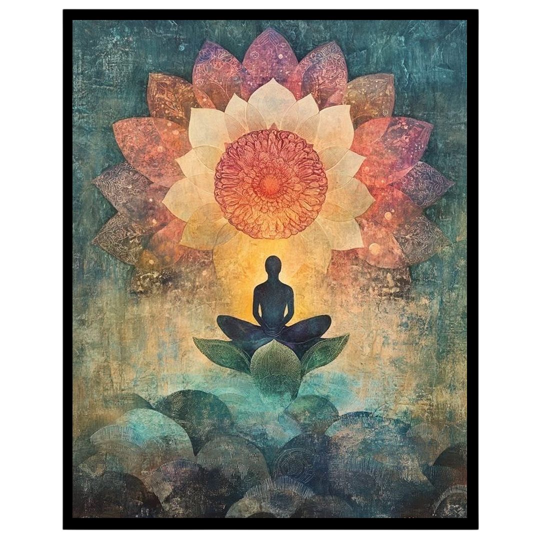 Immerse in the serenity of this captivating artwork, featuring a meditative figure seated for area