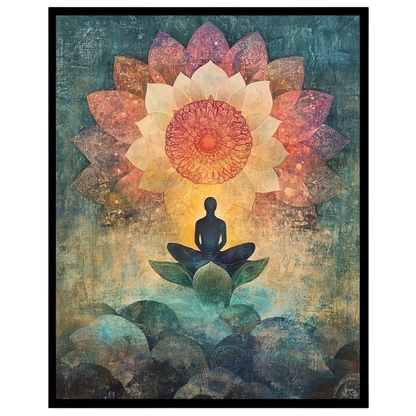 Immerse in the serenity of this captivating artwork, featuring a meditative figure seated for area