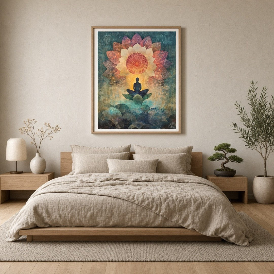 Immerse in the serenity of this captivating artwork, featuring a meditative figure seated for Bedroom