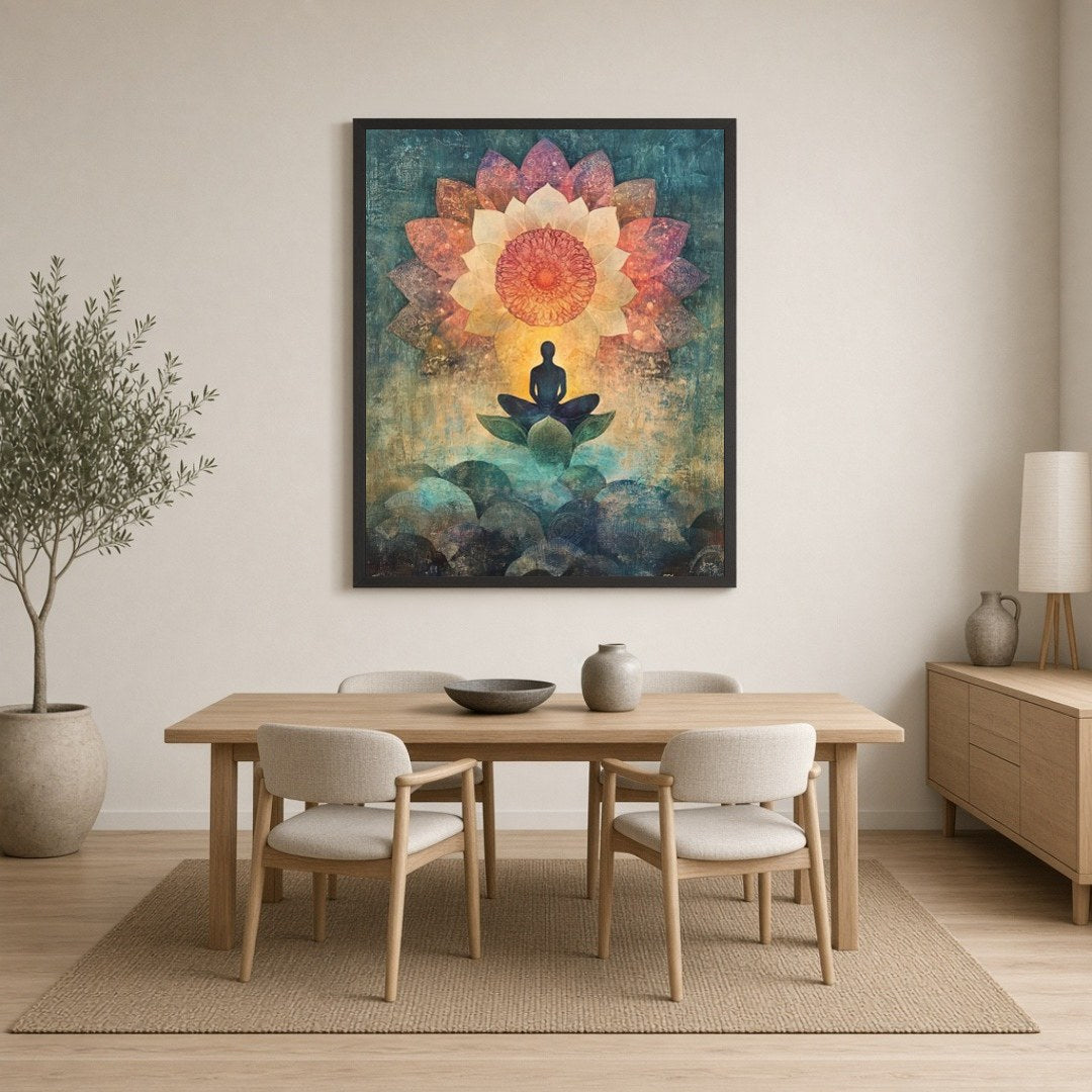 Immerse in the serenity of this captivating artwork, featuring a meditative figure seated for Dining