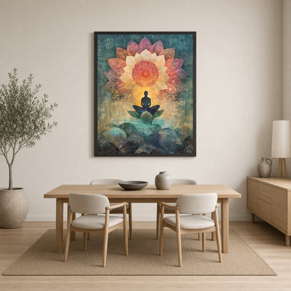 Immerse in the serenity of this captivating artwork, featuring a meditative figure seated for Dining