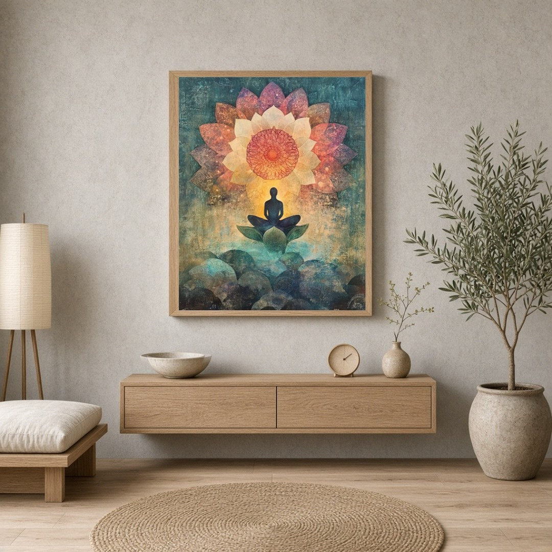 Immerse in the serenity of this captivating artwork, featuring a meditative figure seated for Entrance