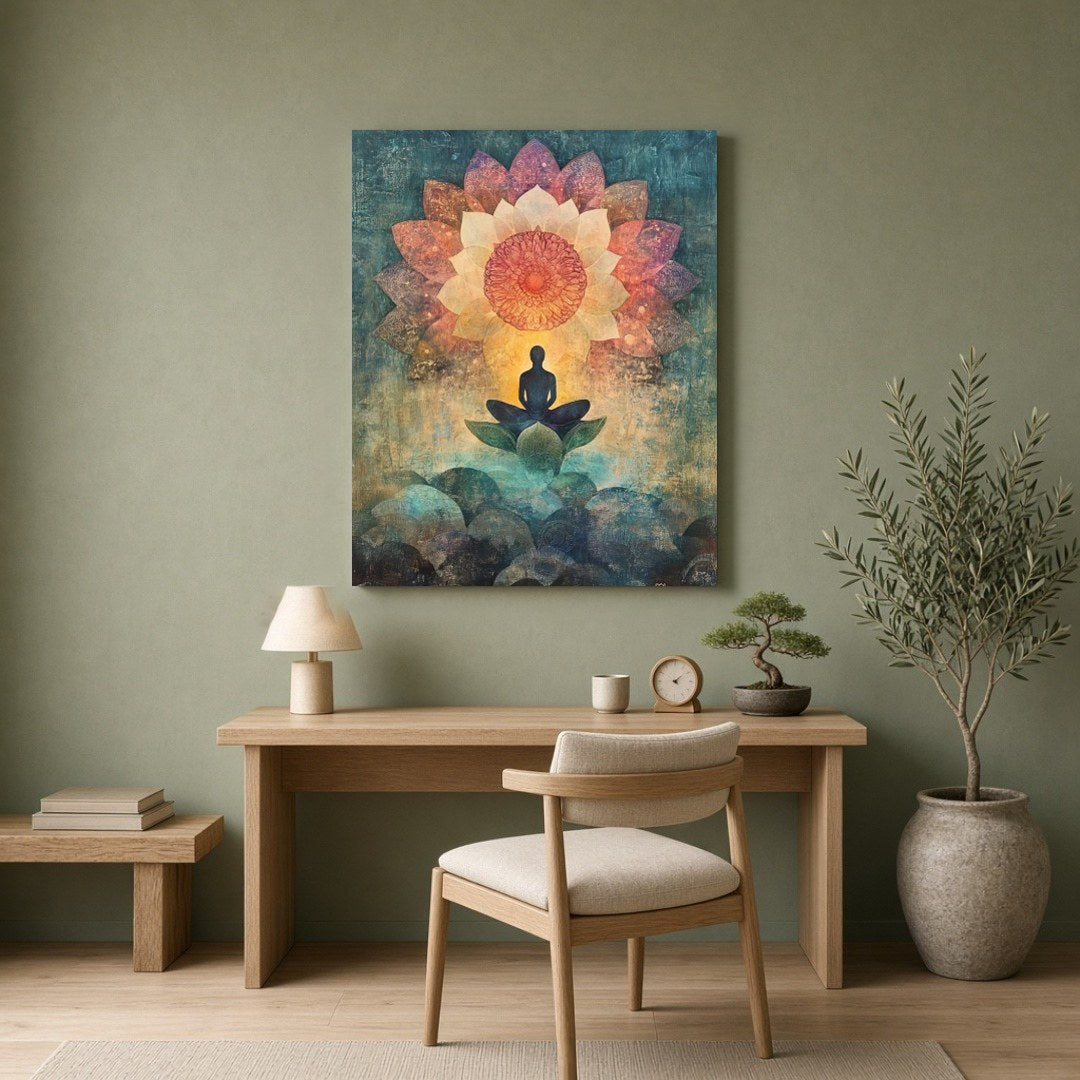Immerse in the serenity of this captivating artwork, featuring a meditative figure seated for Home Office