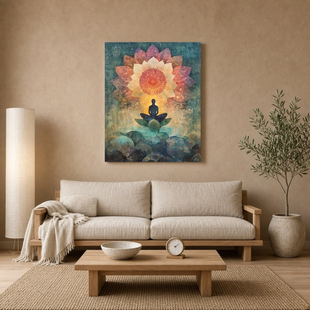 Immerse in the serenity of this captivating artwork, featuring a meditative figure seated for Living Room