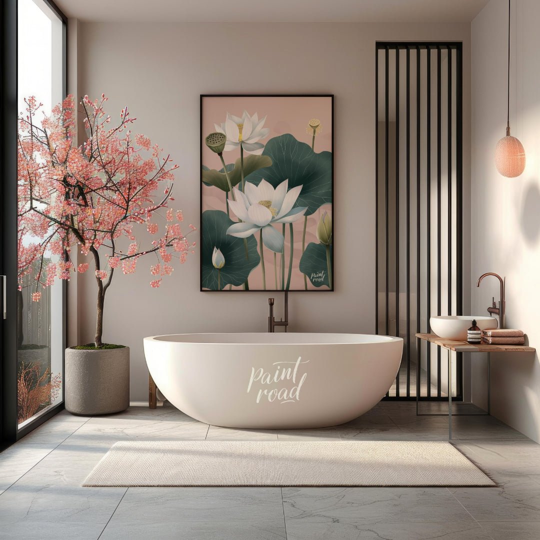 This elegant digital illustration features white lotus flowers with delicate petals and subtle yell… for bathroom