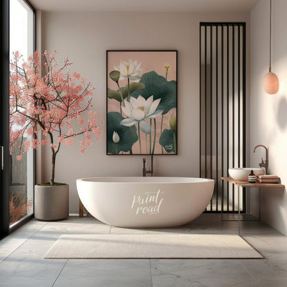 This elegant digital illustration features white lotus flowers with delicate petals and subtle yell… for bathroom