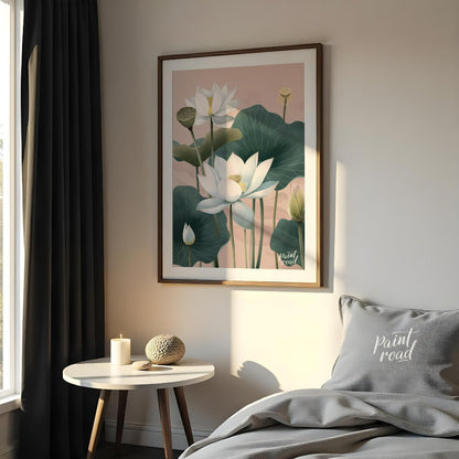 This elegant digital illustration features white lotus flowers with delicate petals and subtle yell… for bedroom