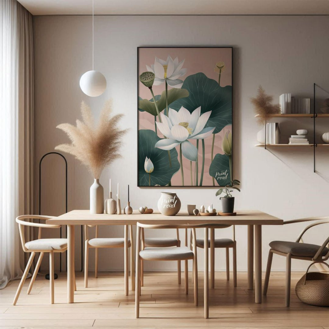 This elegant digital illustration features white lotus flowers with delicate petals and subtle yell… for dining room