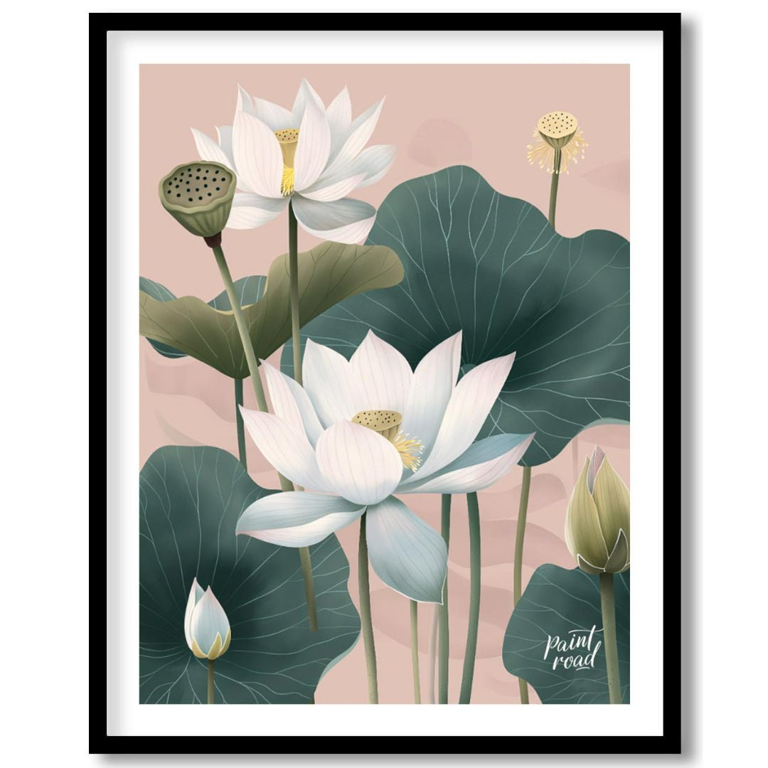 This elegant digital illustration features white lotus flowers with delicate petals and subtle yell… for house