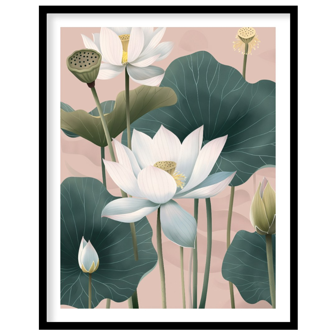 This elegant digital illustration features white lotus flowers with delicate petals and subtle yell… for house