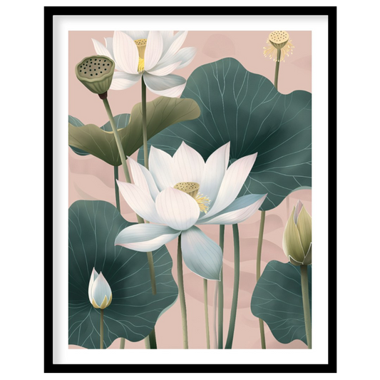 This elegant digital illustration features white lotus flowers with delicate petals and subtle yell… for house