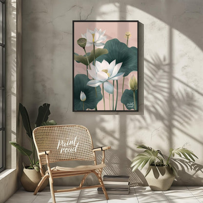 This elegant digital illustration features white lotus flowers with delicate petals and subtle yell… for living room