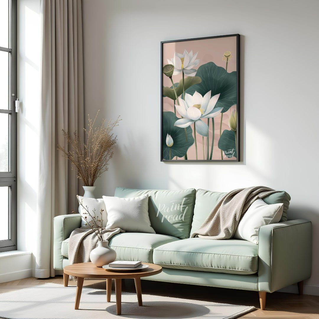 This elegant digital illustration features white lotus flowers with delicate petals and subtle yell… for living room